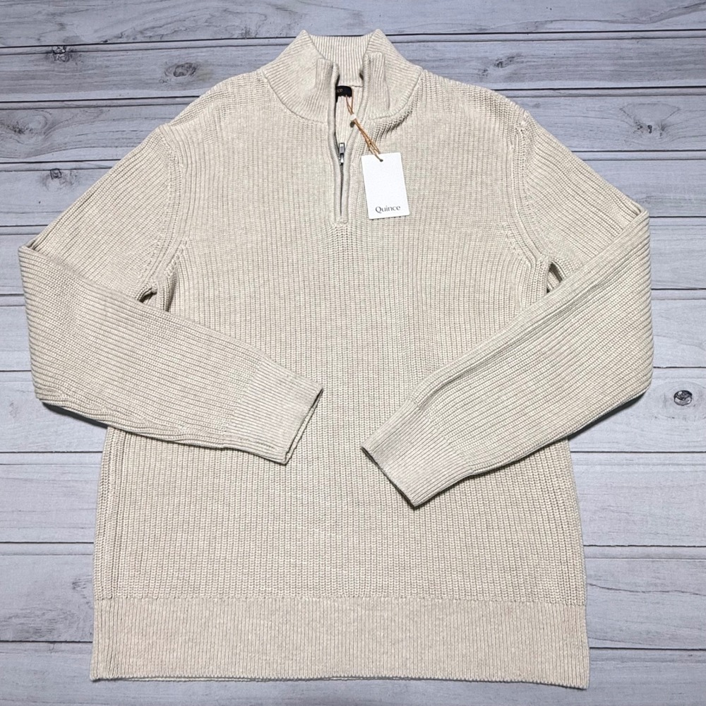 Quince 1/4 Sweater Mens L Beige Organic Cotton Ribbed Speckled Fishermen NWT